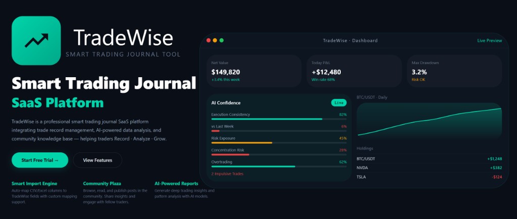 TradeWise landing page with AI trading journal dashboard preview